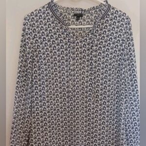Talbots Top Womens Med Petite Navy Bird In A Cage Print Ruffle Tie Neck Novelty